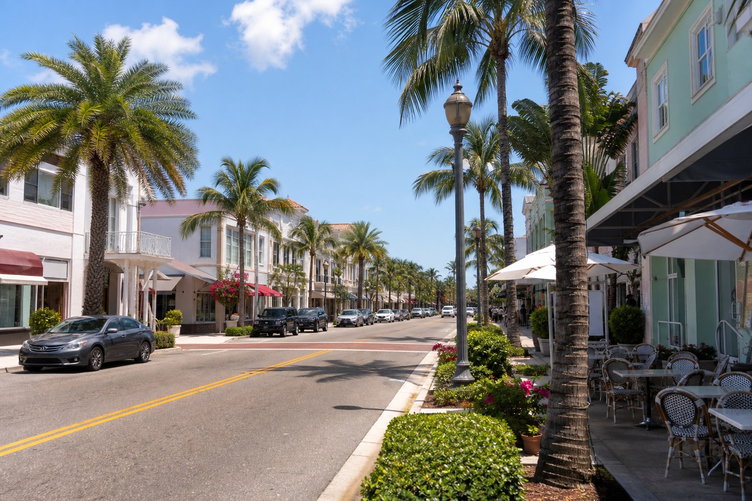 Palm-lined downtown street in Delray Beach Florida, AI-generated concept imagery