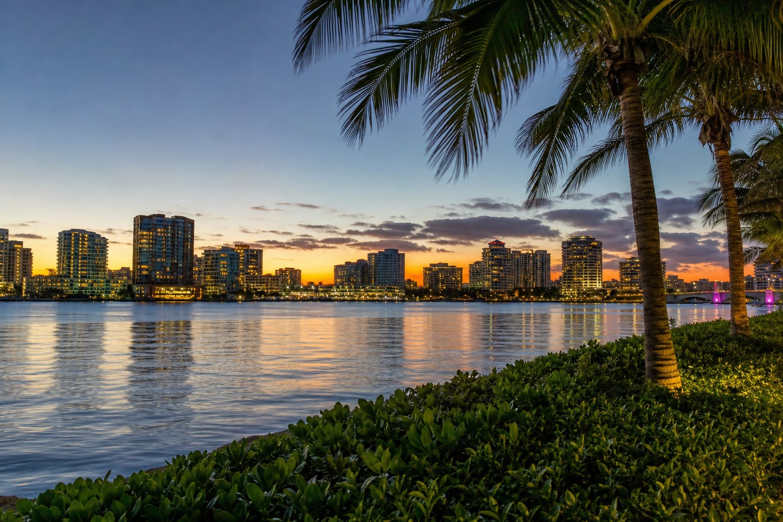 West Palm Beach Florida Intracoastal waterfront at dusk, AI-generated concept imagery