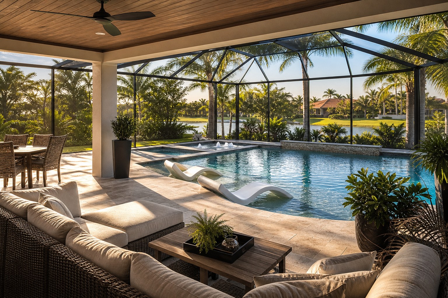 South Florida backyard pool and screened lanai at golden hour, AI-generated concept imagery