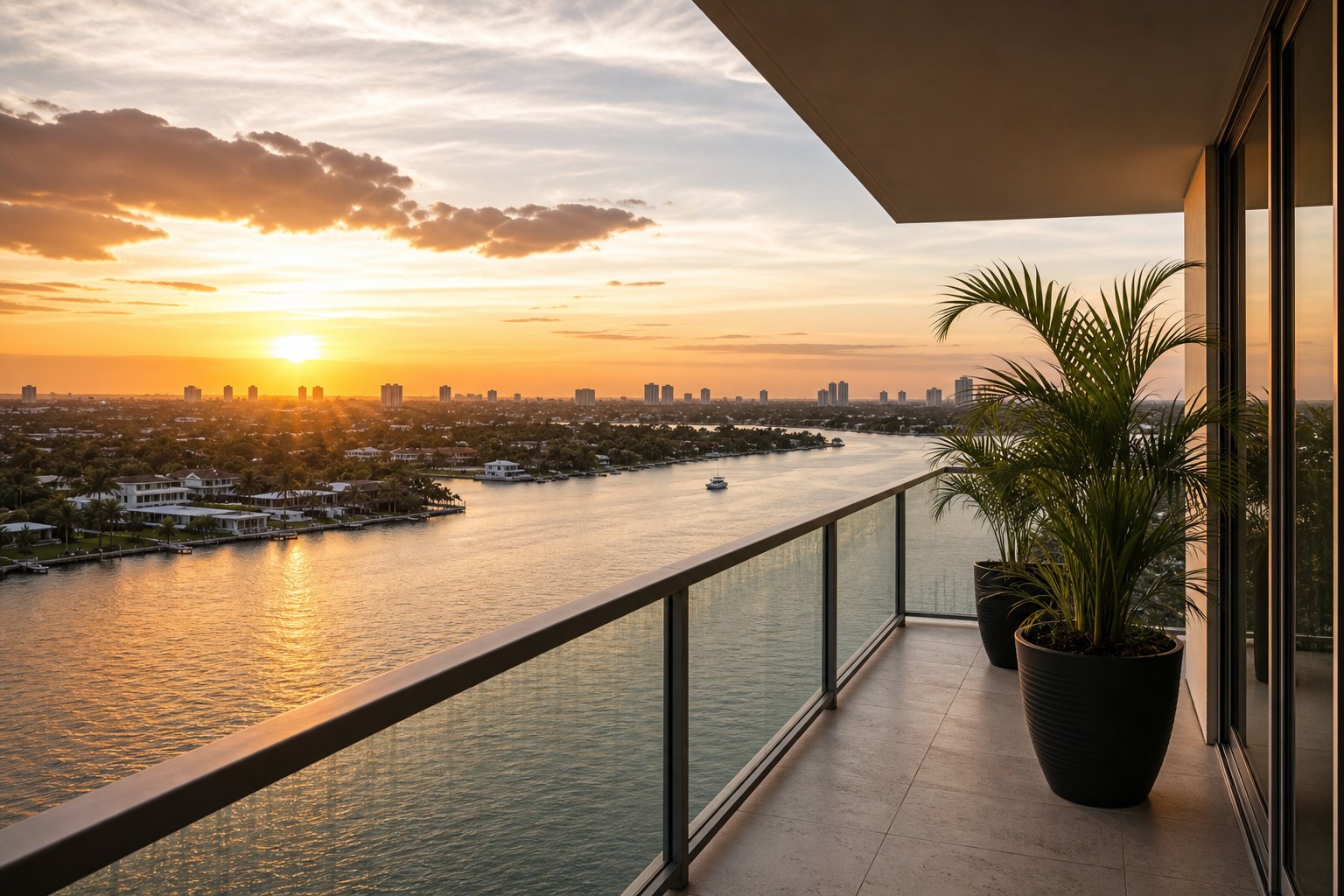 High-rise condo balcony overlooking the Intracoastal Waterway at sunset, AI-generated concept imagery